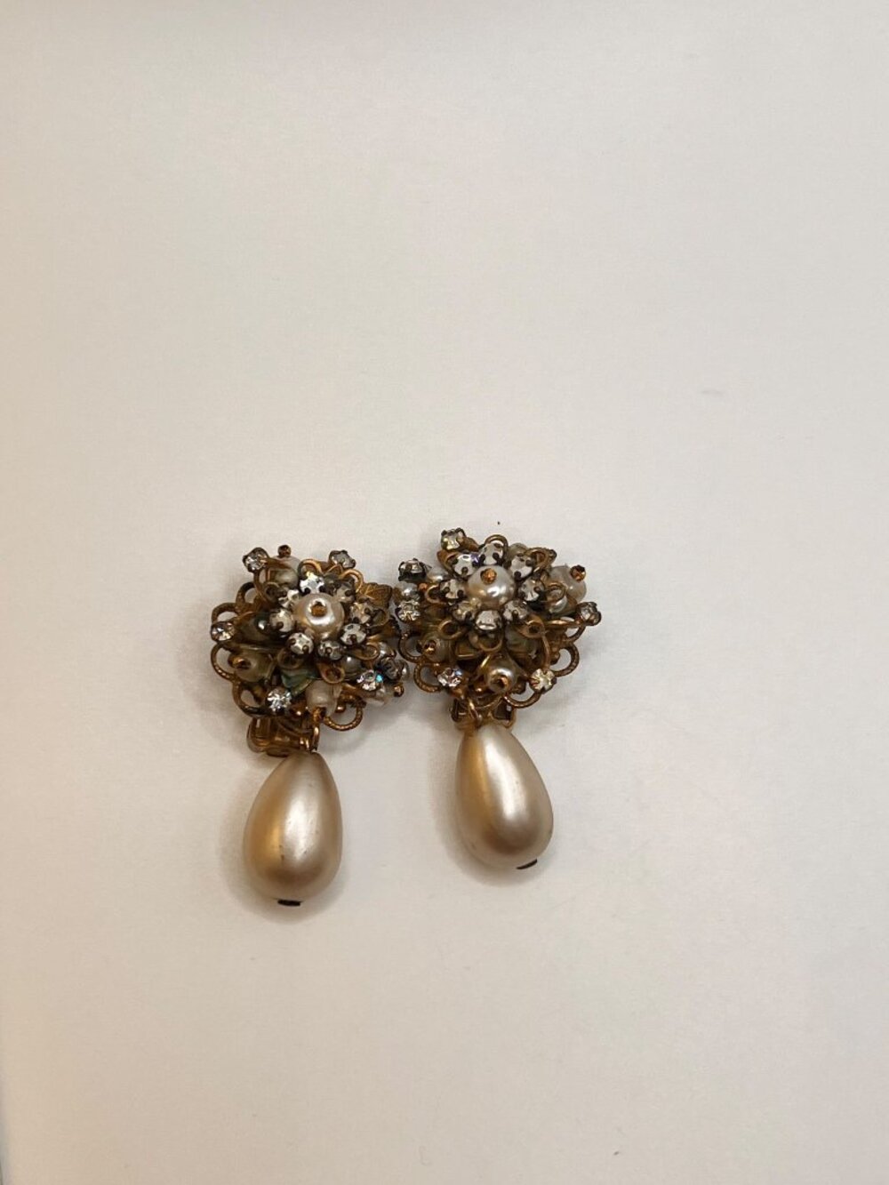 Vintage Signed Miriam Haskell Bridal Teardrop Pearl Rhinestone Clip-On Earrings